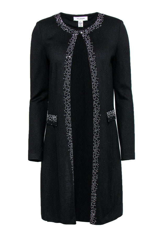 Current Boutique-St. John - Black Knit Longline Cardigan w/ Rhinestones Sz 4