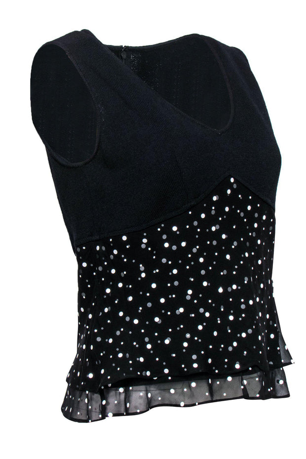 Current Boutique-St. John - Black Knit Polka Dot Layered Peplum Top Sz 4