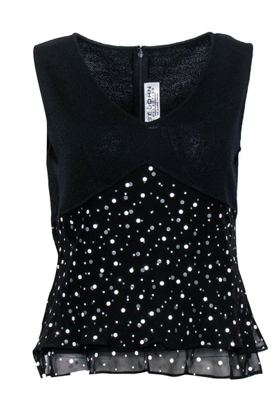 Current Boutique-St. John - Black Knit Polka Dot Layered Peplum Top Sz 4