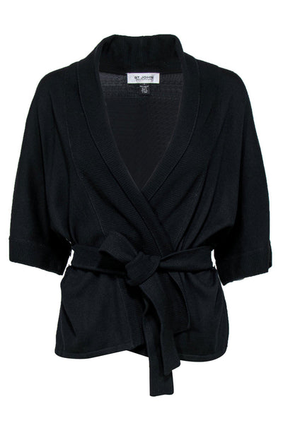 Current Boutique-St. John - Black Knit Short Sleeve Open Cardigan w/ Belt Sz P