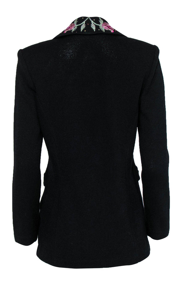 Current Boutique-St. John - Black Knit Single Button Blazer w/ Floral Embroidery & Jeweled Lapels Sz 6