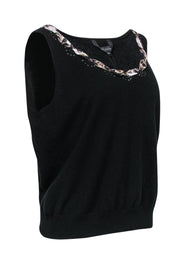 Current Boutique-St. John - Black Knit Tank w/ Printed Silk Trim Sz XL