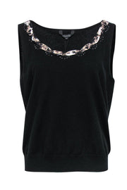 Current Boutique-St. John - Black Knit Tank w/ Printed Silk Trim Sz XL