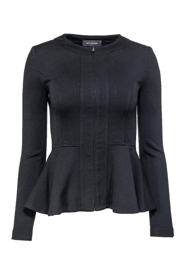 Current Boutique-St. John - Black Peplum Zip Up Jacket Sz 0