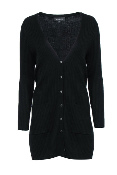 Current Boutique-St. John - Black Ribbed Knit Longline Cardigan w/ Buttons Sz M