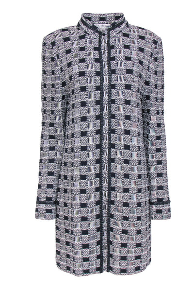 Current Boutique-St. John - Black & White Checkerboard Knit Longline Jacket Sz 14