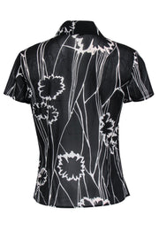 Current Boutique-St. John - Black & White Floral Print Short Sleeve Button-Up Sheer Blouse Sz S