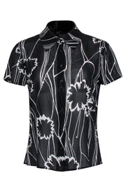 Current Boutique-St. John - Black & White Floral Print Short Sleeve Button-Up Sheer Blouse Sz S