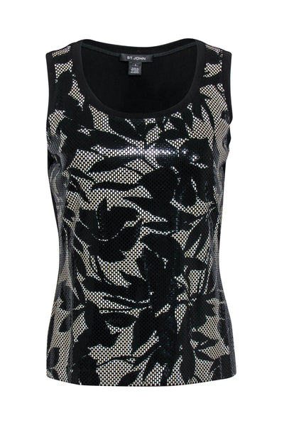 Current Boutique-St. John - Black & White Floral Sequined Tank Sz 6