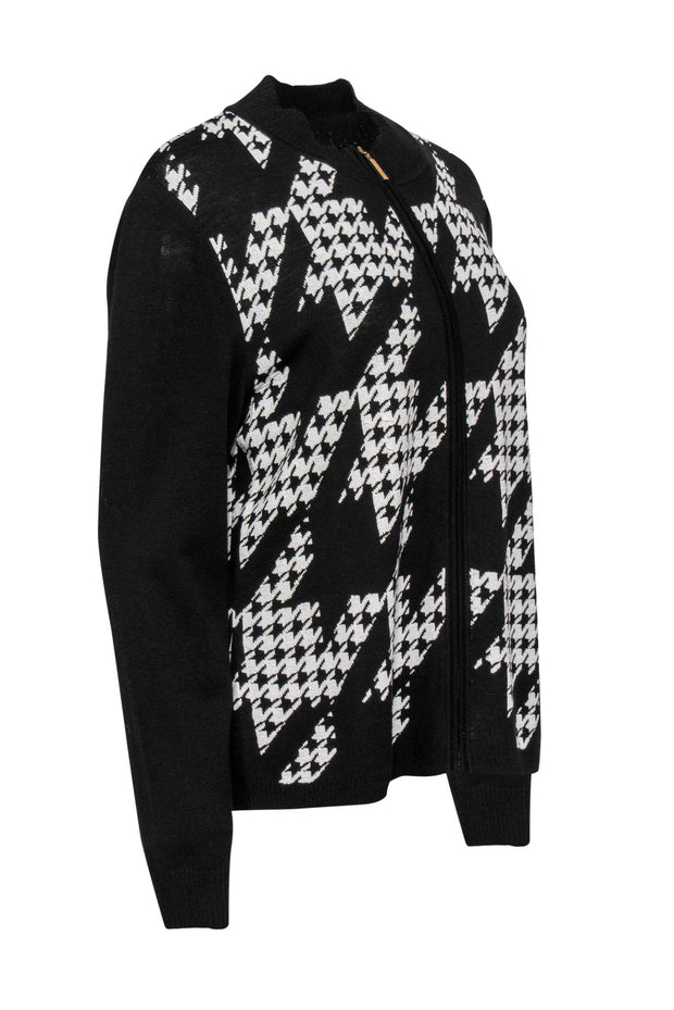 Current Boutique-St. John - Black & White Houndstooth Print Zip-Up Knit Jacket Sz L