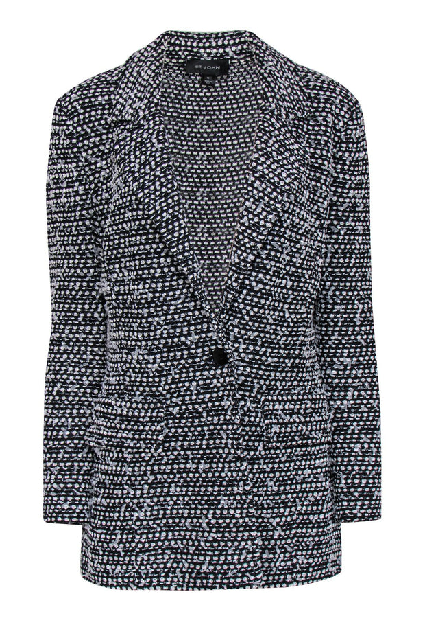 Current Boutique-St. John - Black & White Textured Knit Longline Jacket Sz 12