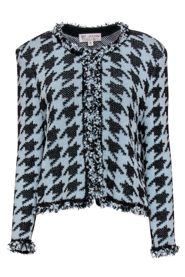 Current Boutique-St. John - Blue & Black Houndstooth Print Zip-Up Knit Jacket w/ Fringe Trim Sz 10