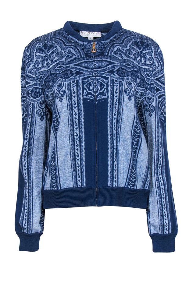 Current Boutique-St. John - Blue Printed Zip-Up Knit Jacket Sz L