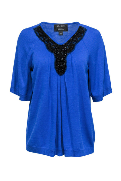 Current Boutique-St. John - Blue Short Sleeve Sweater w/ Beading Sz M