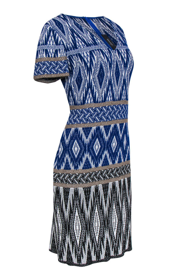 Current Boutique-St. John - Blue, White & Gold Print Short Sleeve Knit Dress Sz 10