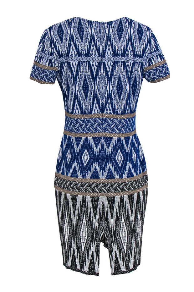 Current Boutique-St. John - Blue, White & Gold Print Short Sleeve Knit Dress Sz 10