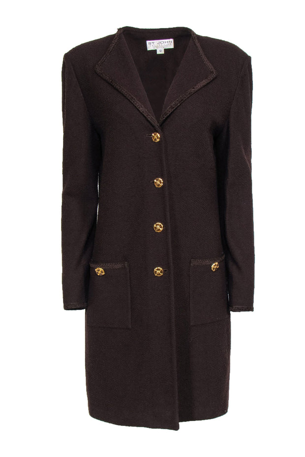 Current Boutique-St. John - Brown Knit Coat w/ Gold-Toned Buttons & Pockets Sz 12