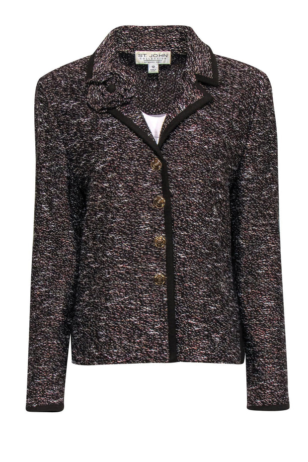 Current Boutique-St. John - Brown Marbled Knit Blazer w/ Floral Applique Sz 12