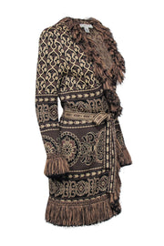 Current Boutique-St. John - Brown & Tan Ornate Pattern Longline Cardigan Sz S