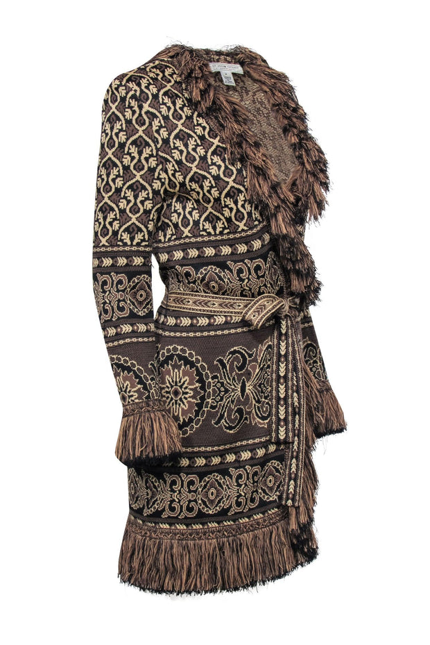 Current Boutique-St. John - Brown & Tan Ornate Pattern Longline Cardigan Sz S