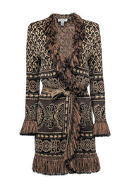 Current Boutique-St. John - Brown & Tan Ornate Pattern Longline Cardigan Sz S