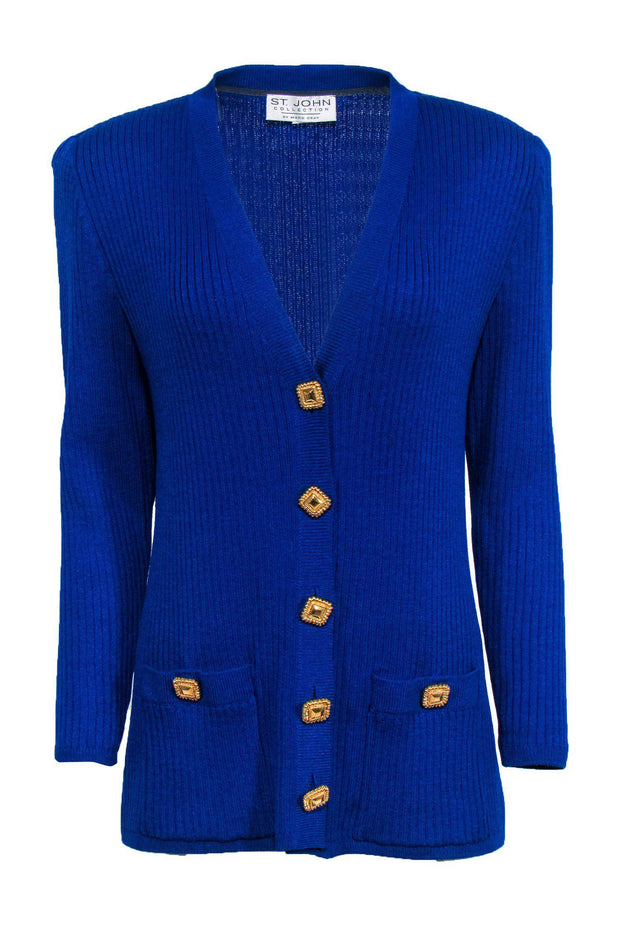 Current Boutique-St. John - Cobalt Blue Ribbed Knit Cardigan w/ Gold Buttons Sz L