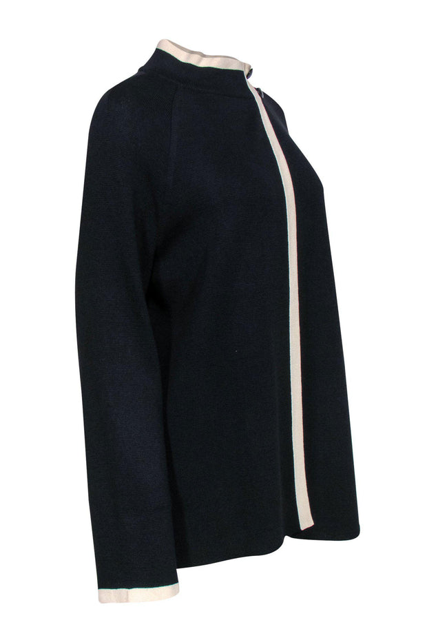 Current Boutique-St. John Collection - Navy Knit Asymmetric Blazer w/ White Trim Sz 10