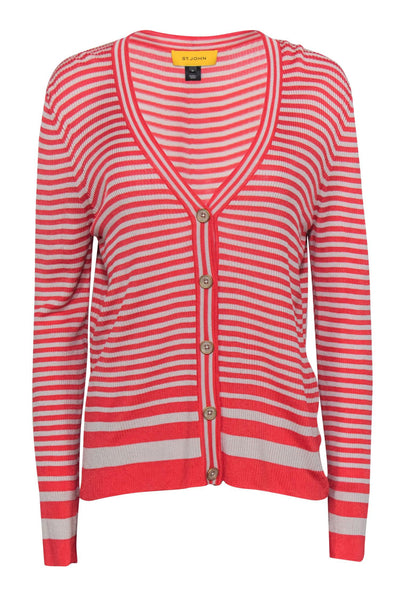 Current Boutique-St. John - Coral & Beige Striped Button-Up Cardigan Sz M