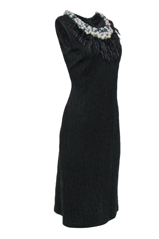 Current Boutique-St. John Couture - Black Knit Sheath Dress w/ Pearls & Feathers Sz 12