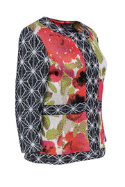 Current Boutique-St. John Couture - Pink, Orange & Green Floral Jacket w/ Black & White Contrast Trim Sz 8