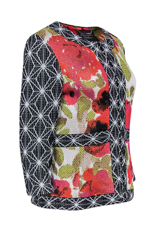 Current Boutique-St. John Couture - Pink, Orange & Green Floral Jacket w/ Black & White Contrast Trim Sz 8