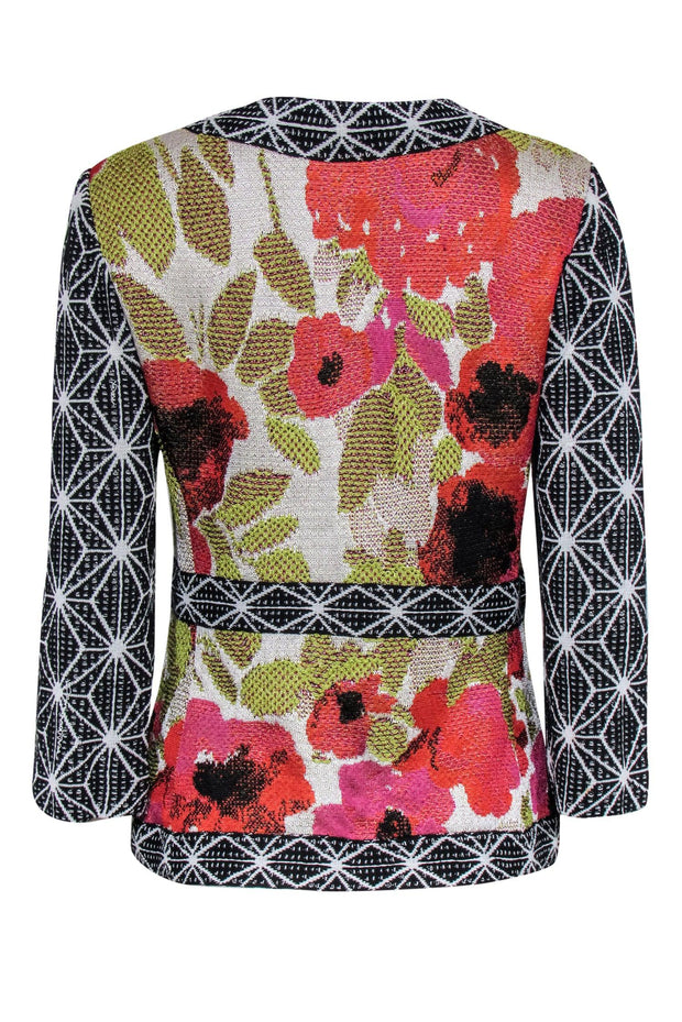 Current Boutique-St. John Couture - Pink, Orange & Green Floral Jacket w/ Black & White Contrast Trim Sz 8