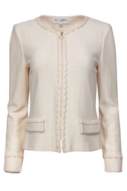 Current Boutique-St. John - Cream Knit Zip-Up Frayed Edge Jacket Sz 6