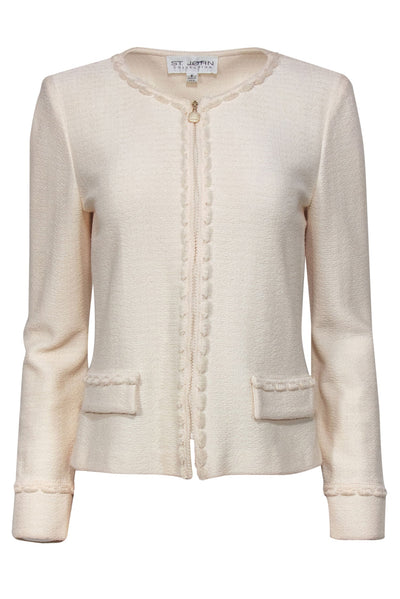 Current Boutique-St. John - Cream Knit Zip-Up Frayed Edge Jacket Sz 6