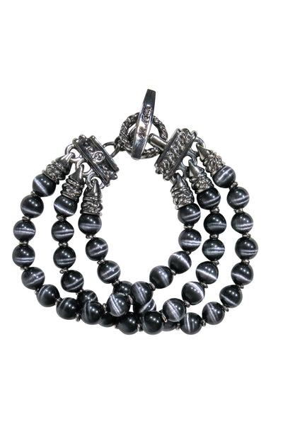 Current Boutique-St. John - Dark Silver Three Strand Metallic Black Beaded Bracelet