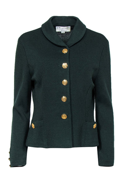 Current Boutique-St. John - Emerald Green Collared Knit Jacket w/ Gold Buttons Sz 8