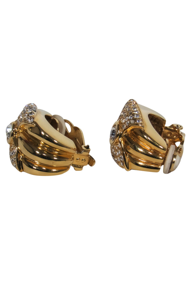 Current Boutique-St. John - Gold Clip-On Earrings w/ Crystal Embellished Bow Design