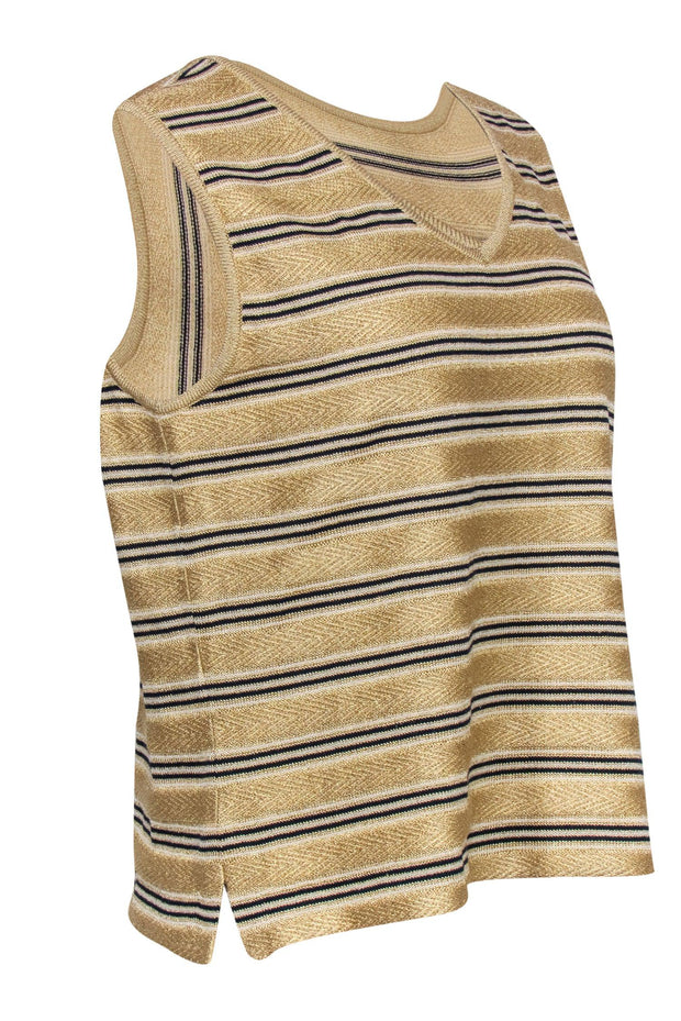 Current Boutique-St. John - Gold Knit Striped V-Neck Tank Sz L