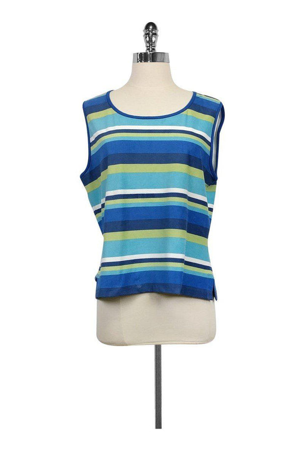 Current Boutique-St. John - Green & Blue Striped Suede Tank Top Sz M