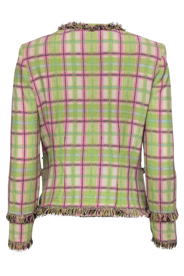 Current Boutique-St. John - Green & Pink Plaid Zip-Up Knit Jacket w/ Fringe Trim Sz 6