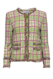 Current Boutique-St. John - Green & Pink Plaid Zip-Up Knit Jacket w/ Fringe Trim Sz 6