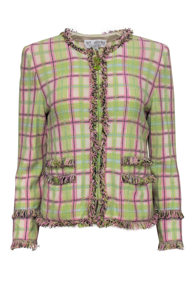 Current Boutique-St. John - Green & Pink Plaid Zip-Up Knit Jacket w/ Fringe Trim Sz 6