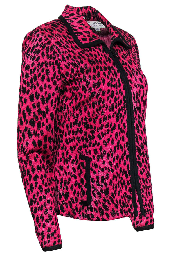 Current Boutique-St. John - Hot Pink Leopard Spotted Zip-Up Knit Jacket Sz 8