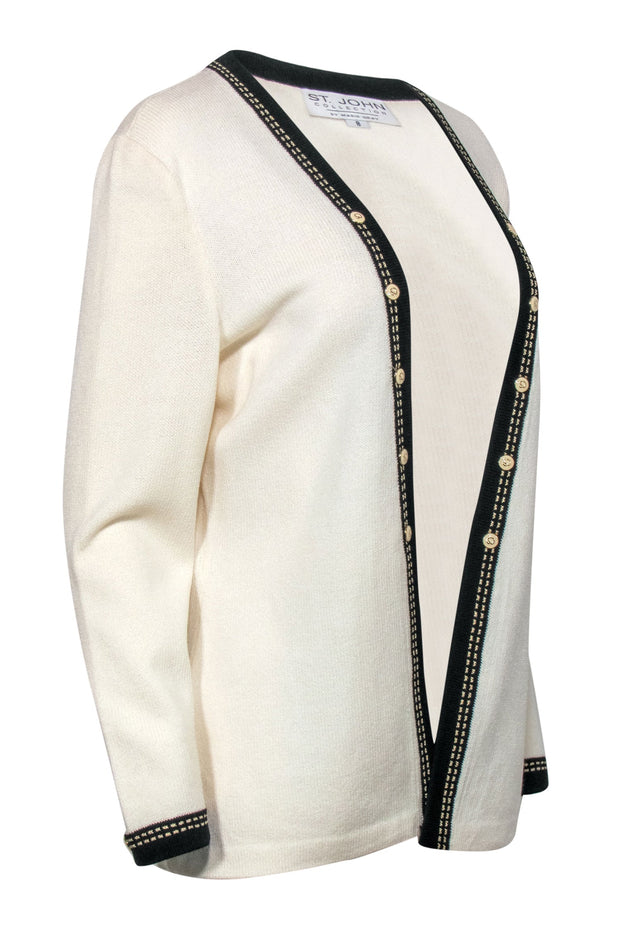 Current Boutique-St. John - Ivory Open Front Knit Cardigan w/ Black Trim & Faux Buttons Sz 8