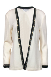 Current Boutique-St. John - Ivory Open Front Knit Cardigan w/ Black Trim & Faux Buttons Sz 8