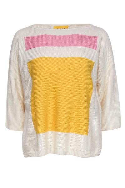 Current Boutique-St. John - Ivory, Pink & Yellow Textured Cropped-Sleeve Wool Sweater Sz M