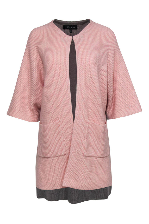 Current Boutique-St. John - Light Pink & Grey Two-Toned Cropped Sleeve Cardigan w/ Beaded Trim Sz S