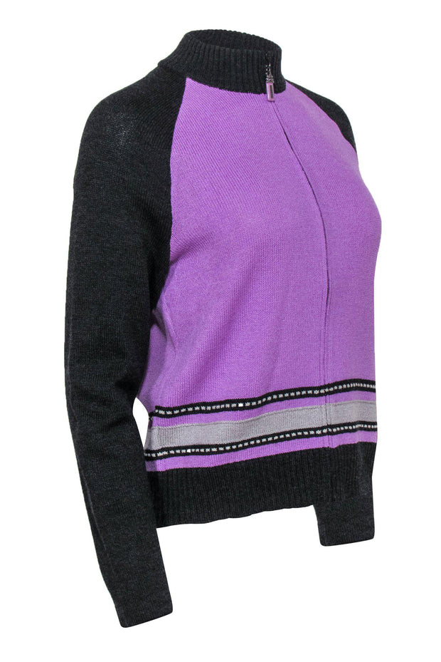 Current Boutique-St. John - Lilac & Black Knit Zip-Up Cardigan Sz S