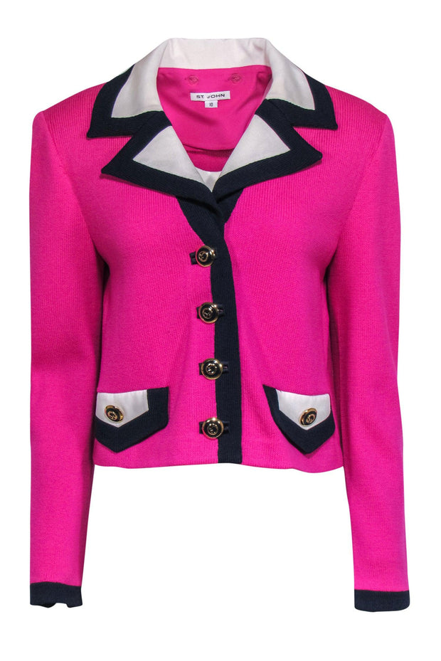 Current Boutique-St. John - Magenta, Navy & White Knit Jacket w/ Removable Collar Sz 10