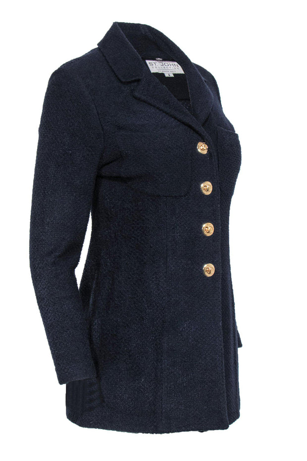 Current Boutique-St. John - Navy Knit Longline Jacket w/ Twist Buttons Sz 4